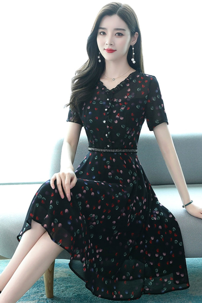 Plus Size Black Polka Dots Chiffon Dress  Pluspreorder