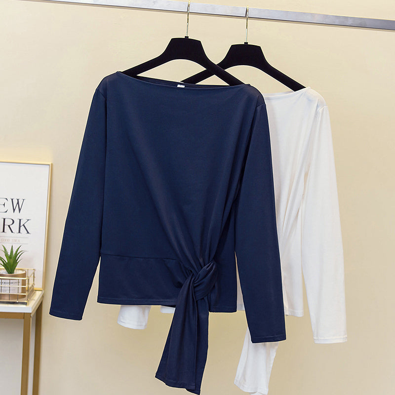 Plus Size Boatneck Side Tie Long Sleeve Top