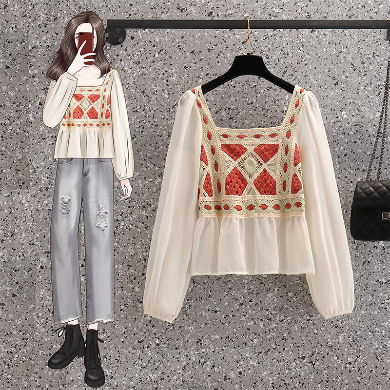 Plus Size Crochet Chiffon Square Neck Blouse