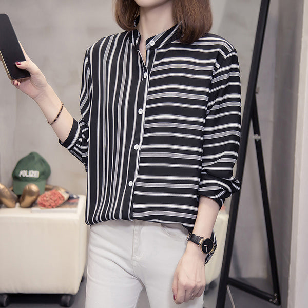 Plus Size Contrast Stripes Long Sleeve Shirt Blouse