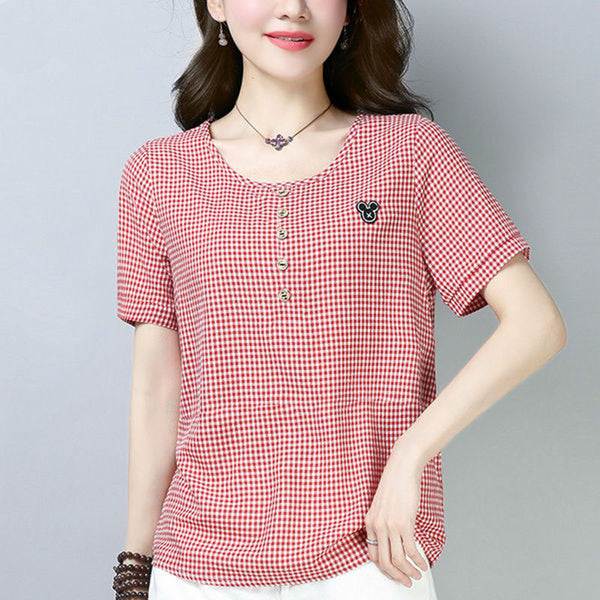 Plus Size Gingham Buttons Blouse
