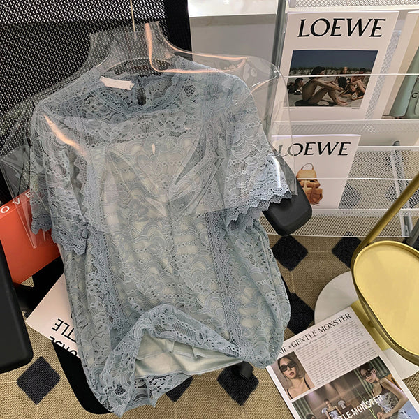 Plus Size Korean Blue Lace Blouse