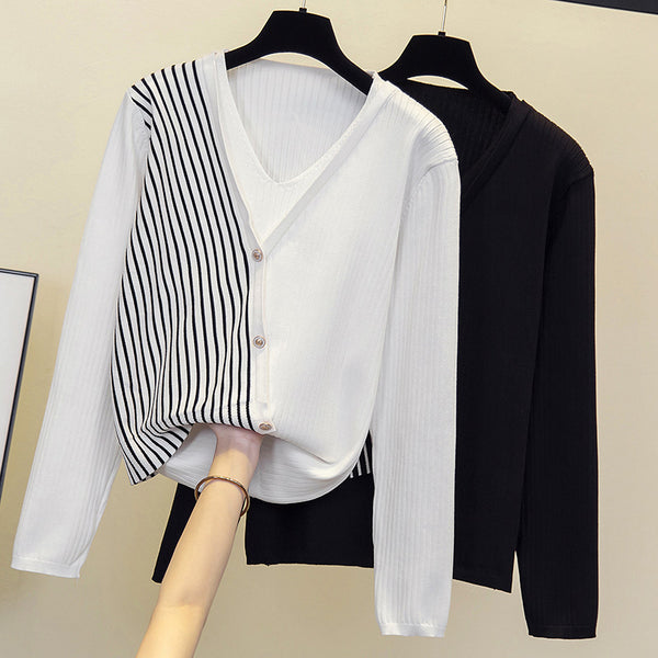 Plus Size Stripes Buttons Knit V Neck Long Sleeve Top