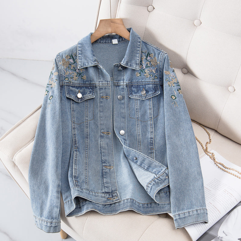 Plus size embroidered denim jacket hot sale