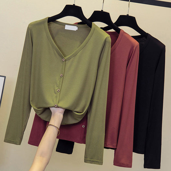Plus Size Buttons V Neck Long Sleeve T Shirt Top