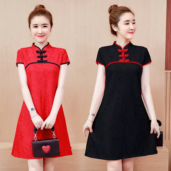 Plus Size Colourblock Red Black Qipao A Line Dress