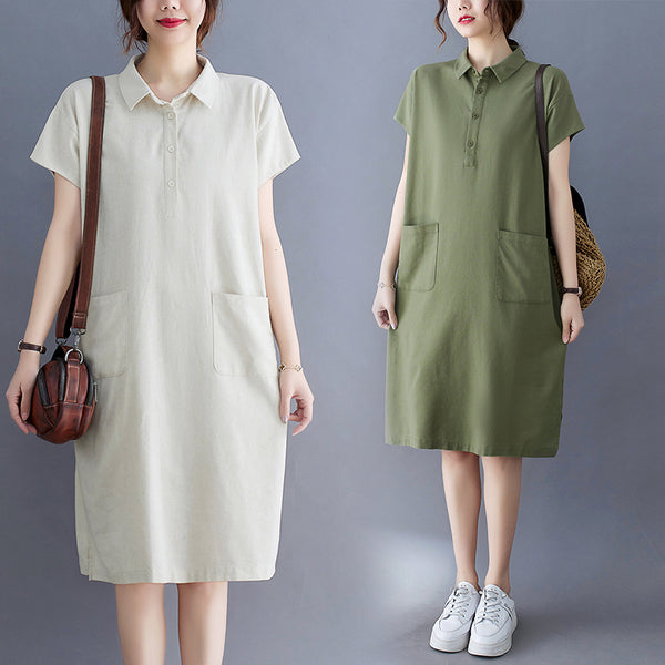 Plus Size Cotton Linen Pocket Polo Dress