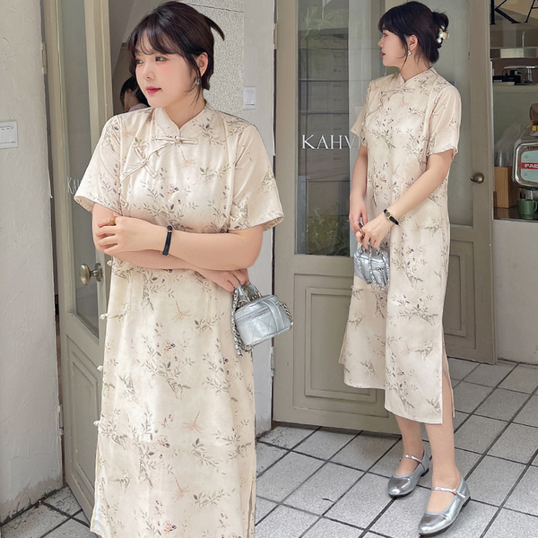 Plus Size Cream Muted Floral Cheongsam Midi Dress