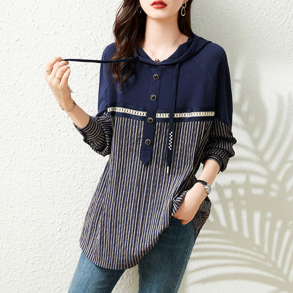 (Ready Stock M - 1 Pc) Plus Size Stripe Pattern Hoody Long Sleeve Top