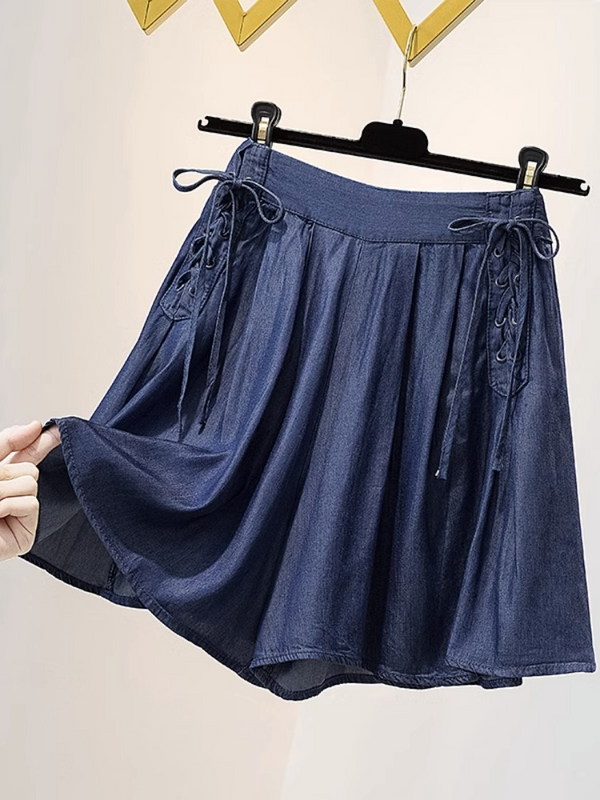 Plus Size Denim Lace Up A-Line Skorts