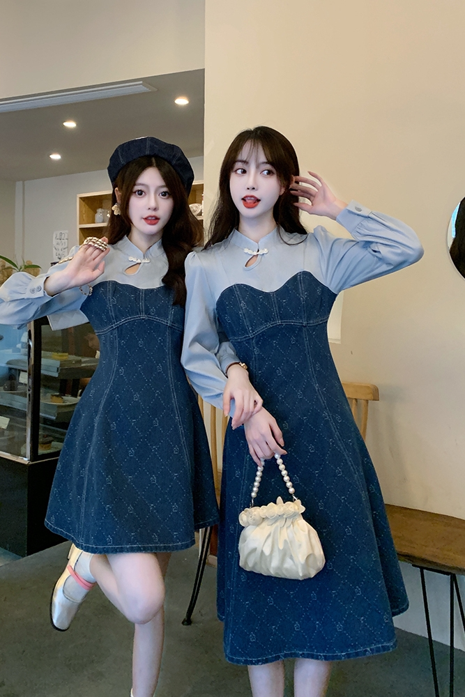 Plus Size Denim Modern Long Sleeve Qipao Dress Long Skirt L