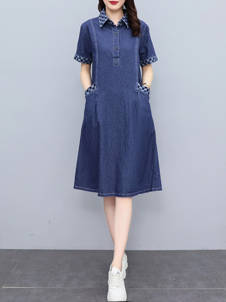 Plus Size Denim Pockets A Line Shirt Dress