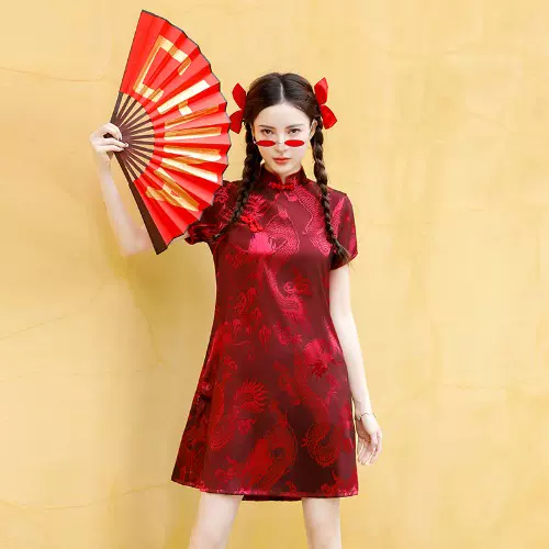 Plus Size Dragon Sheen Red Qipao A Line Dress