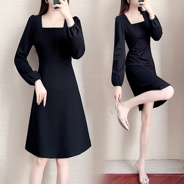 Plus Size Korean Work A Line Long Sleeve Dress