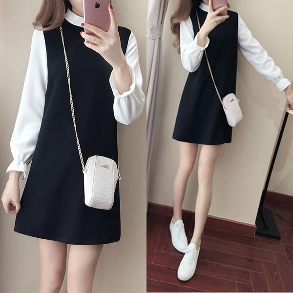 Plus Size Korean Monochrome Long Sleeve Dress