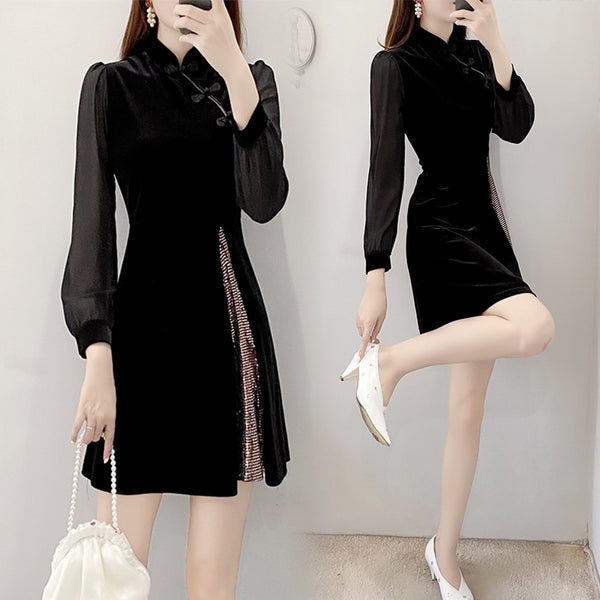 Plus Size Velvet Bronze Sequins Cheongsam Long Sleeve Dress
