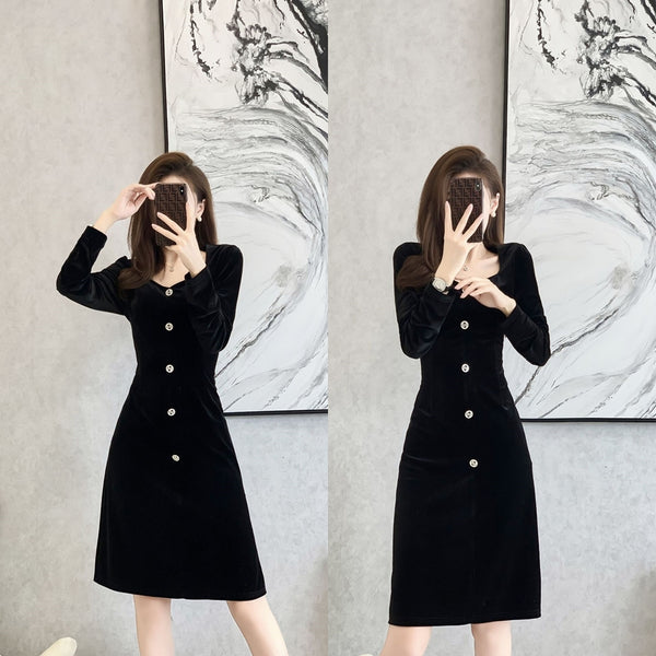 Plus Size Korean Velvet Buttons Dress