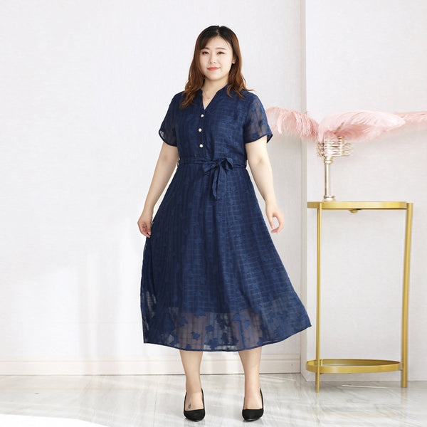 (4XL-10XL) Plus Size Blue Floral Lace Midi Dress (EXTRA BIG SIZE)