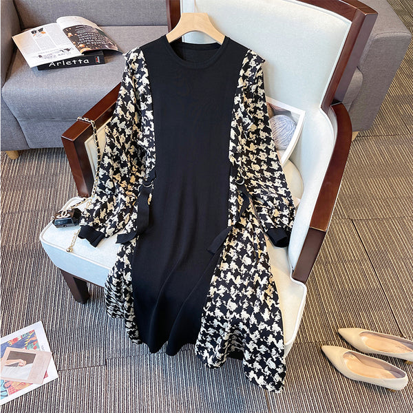 Plus Size Korean Houndstooth Long Sleeve Dress