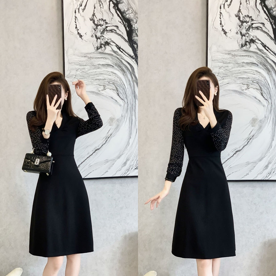 Plus Size Korean Polka Dots Sleeve V Neck Dress