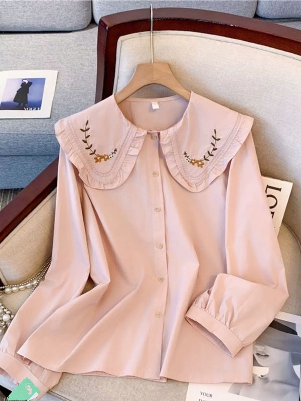 Plus Size Embroidery Collar Korean Long Sleeve Blouse