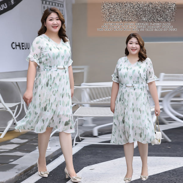 (XL-7XL) Plus Size Leaf Chiffon Midi Dress (EXTRA BIG SIZE)