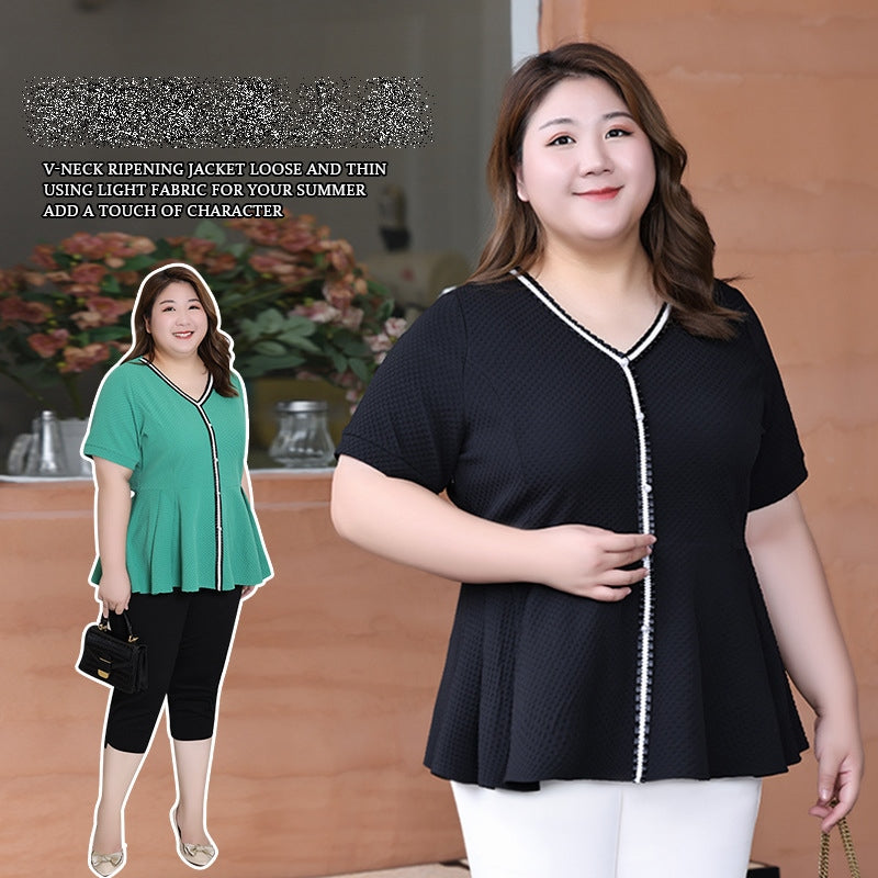 (XL-7XL) Plus Size Peplum V Neck Blouse (EXTRA BIG SIZE)
