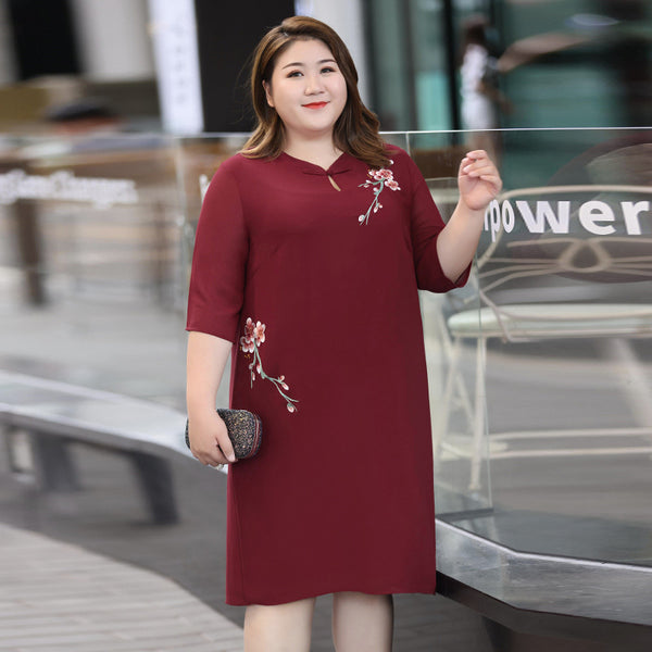 Plus Size Red Cheongsam ¾ Sleeve Dress