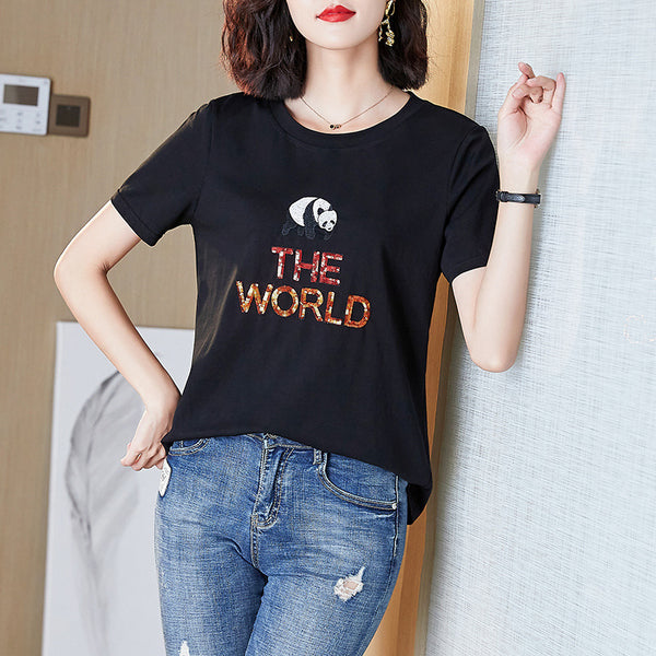 Plus Size Sequin Panda The World T Shirt