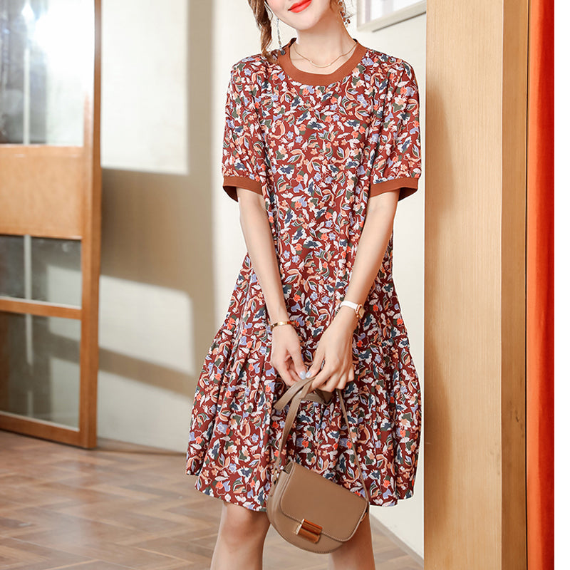 Plus Size Drop Waist Floral Brown Dress  Pluspreorder
