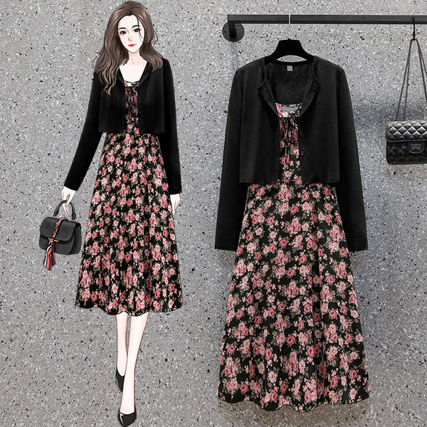 Plus Size Cardigan and Floral Dress Set