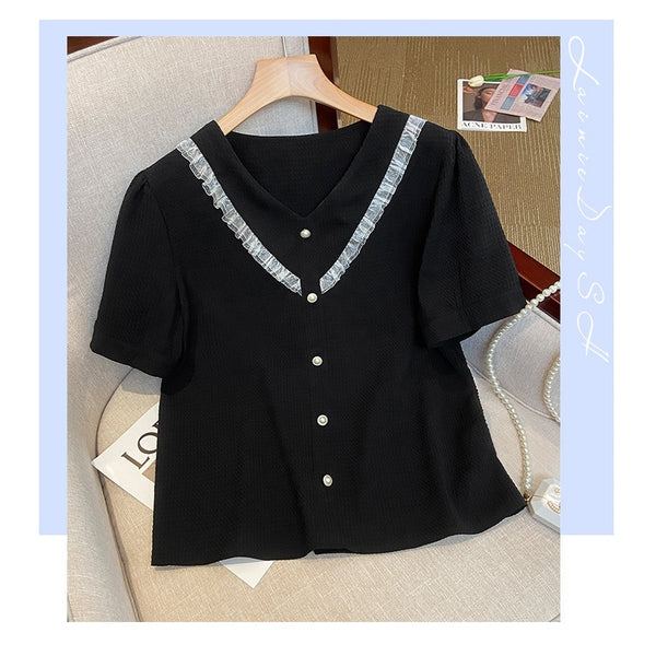 Plus Size V Neck Lace Short Sleeve Work Blouse
