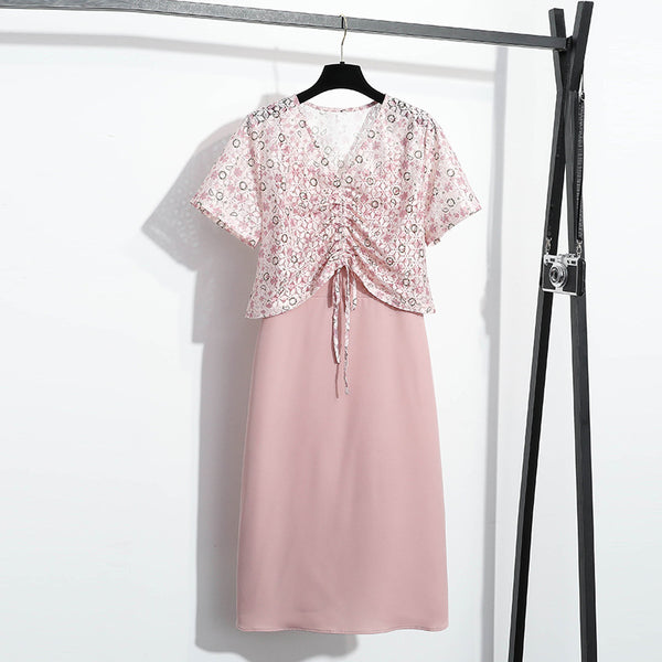 Plus Size Pink Lace Blouse and Dress Set