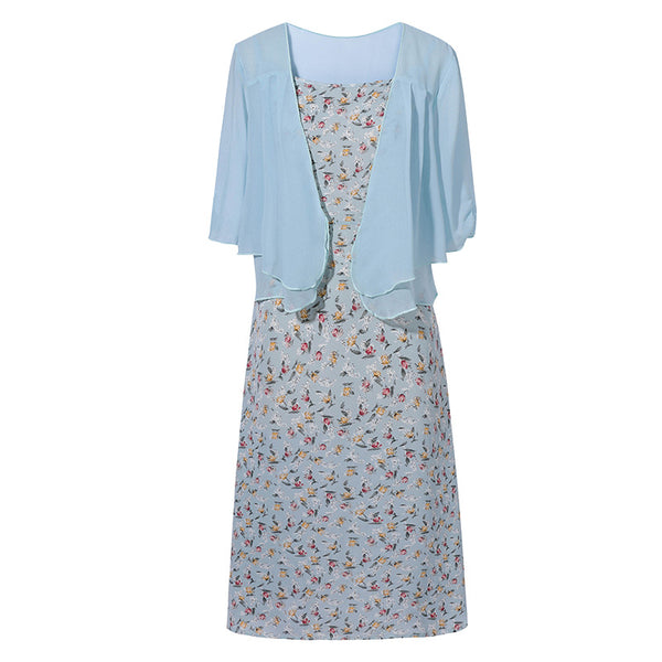 Plus Size Blue Chiffon Jacket and Floral Dress Set