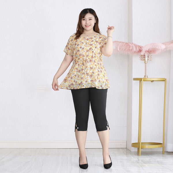 (4XL-10XL) Plus Size Yellow Floral Peplum Blouse (EXTRA BIG SIZE)