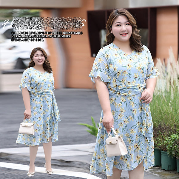(XL-7XL) Plus Size Blue Floral Drape Dress (EXTRA BIG SIZE)