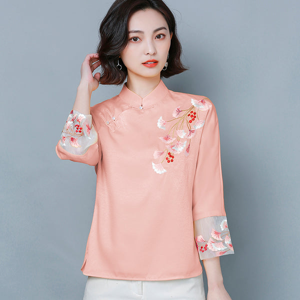 Plus Size Floral Embroidery Cheongsam Top