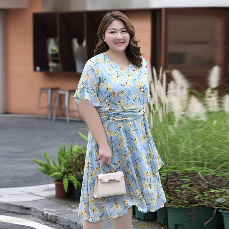 XL-7XL) Plus Size Blue Floral Drape Dress (EXTRA BIG SIZE) – Pluspreorder