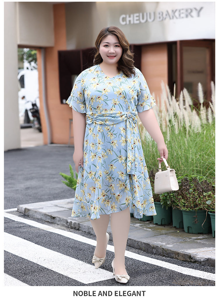 XL-7XL) Plus Size Blue Floral Drape Dress (EXTRA BIG SIZE) – Pluspreorder