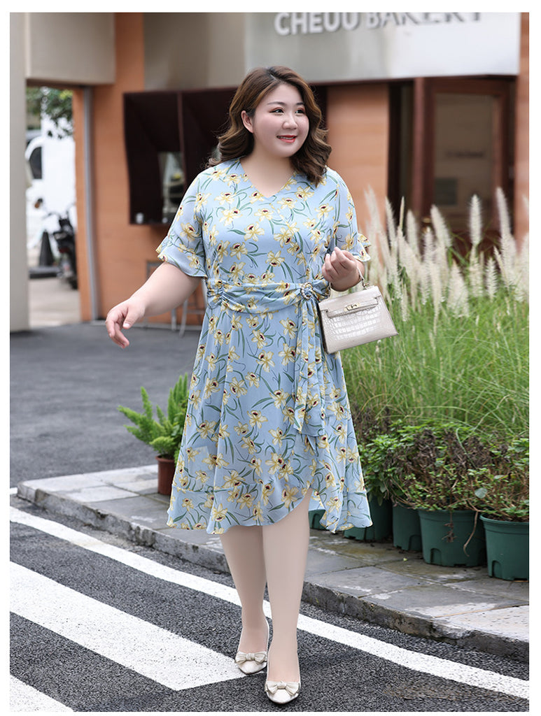 XL-7XL) Plus Size Blue Floral Drape Dress (EXTRA BIG SIZE) – Pluspreorder