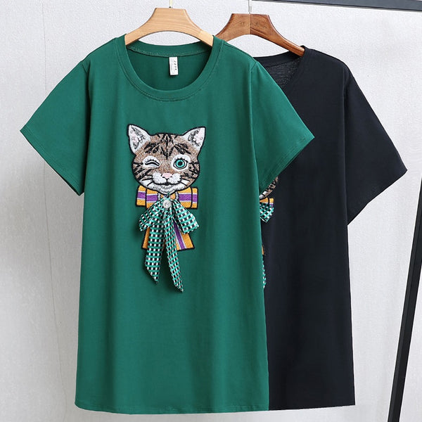(3XL-7XL) Plus Size Embellished Cat T Shirt (EXTRA BIG SIZE)