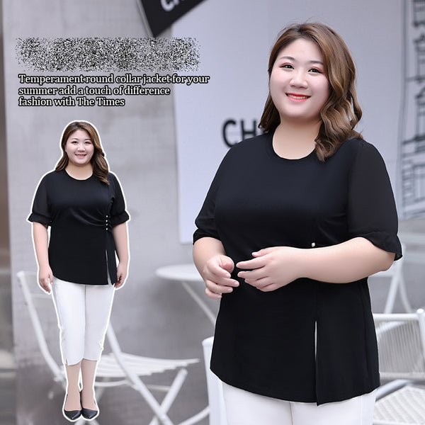 (XL-7XL) Plus Size Button Drape Black Blouse (EXTRA BIG SIZE)