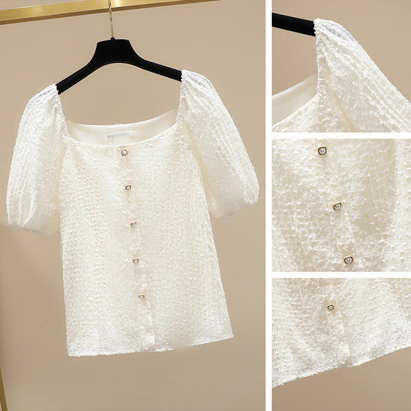 Plus Size Square Neck Buttons Blouse