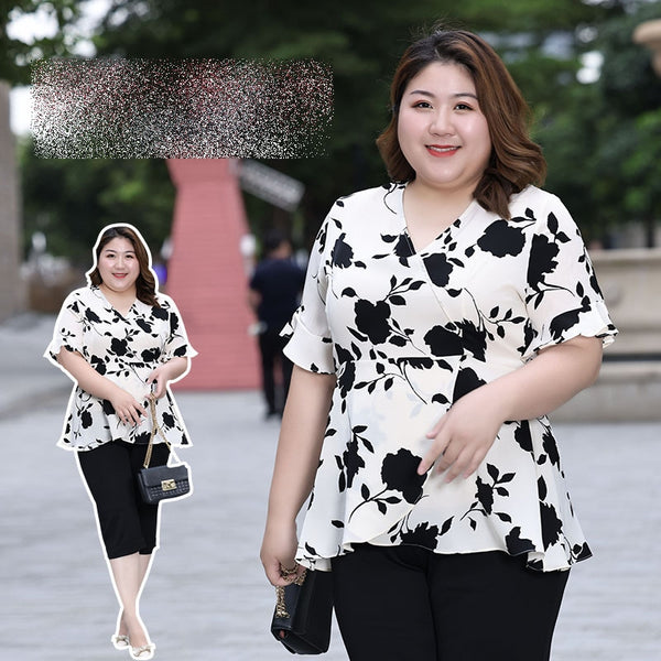 (XL-7XL) Plus Size Monochrome Floral Wrap Chiffon Blouse (EXTRA BIG SIZE)