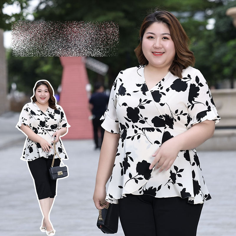 XL 7XL Plus Size Monochrome Floral Wrap Chiffon Blouse EXTRA BIG SIZE