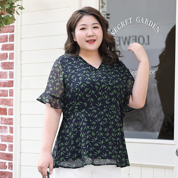 Plus Size Fern V Neck Bell Sleeve Chiffon Top (EXTRA BIG SIZE)