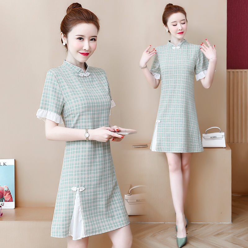 Plus Size Green Check Modern Cheongsam Dress