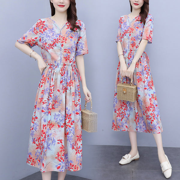 Plus Size V Neck Floral Midi Dress