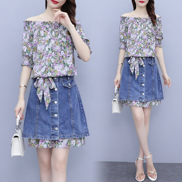 Plus Size Floral Off Shoulder Dress and Denim Skirt Set