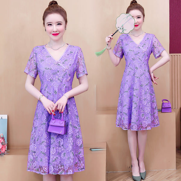 Plus Size Purple Lace Cheongsam Dress